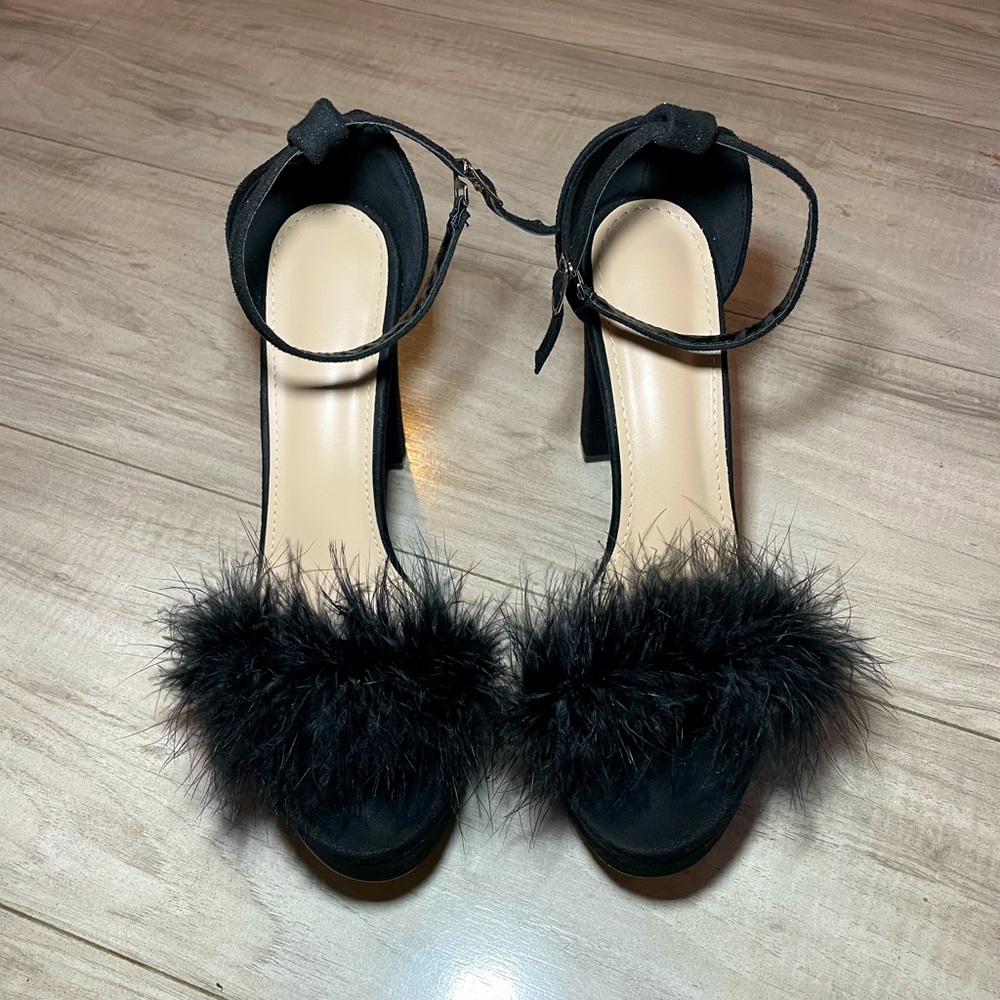 Black fluffy suede chunky heels